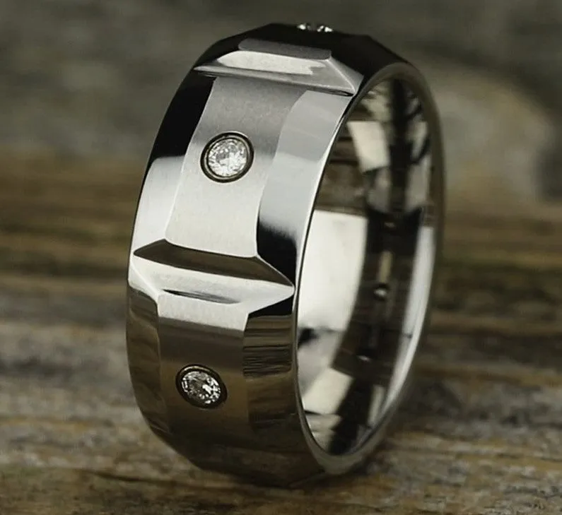 10mm Cobalt Chrome Men's Grooved Wedding Ring with Diamonds