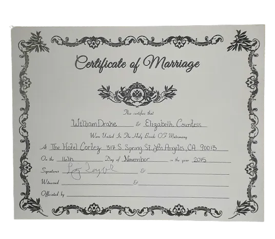 American Horror Story Hotel: William Drake & Elizabeth Countess Certificate Of Marriage