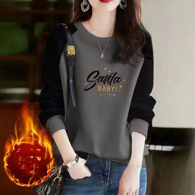 Autumn and Winter Women's Pullover Round Neck Letter Print Plush Thick Contrast Long Sleeve Hoodies Loose Fashion Casual Tops