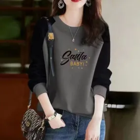 Autumn and Winter Women's Pullover Round Neck Letter Print Plush Thick Contrast Long Sleeve Hoodies Loose Fashion Casual Tops