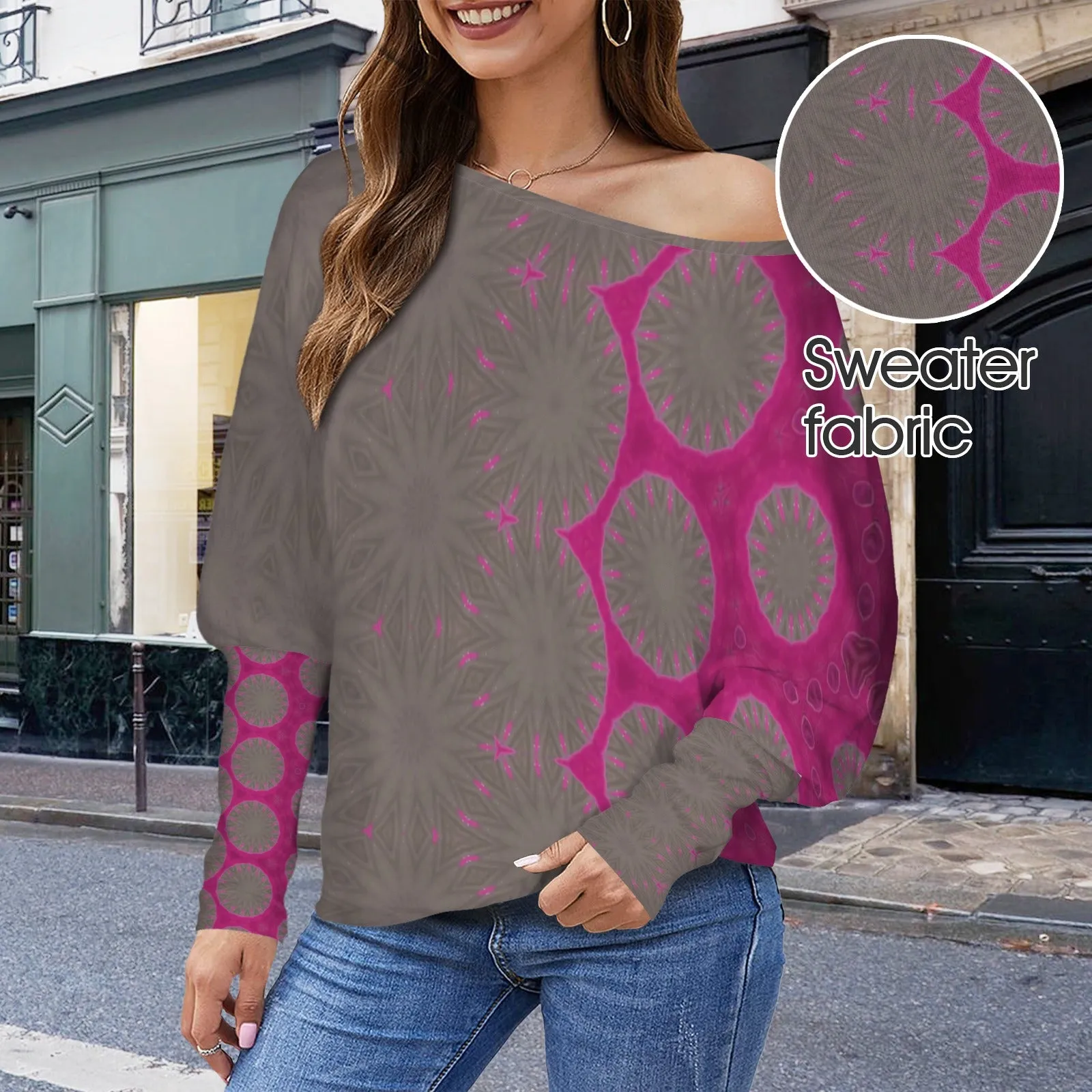 Batwing Long Sleeve Sweater Gray Pink