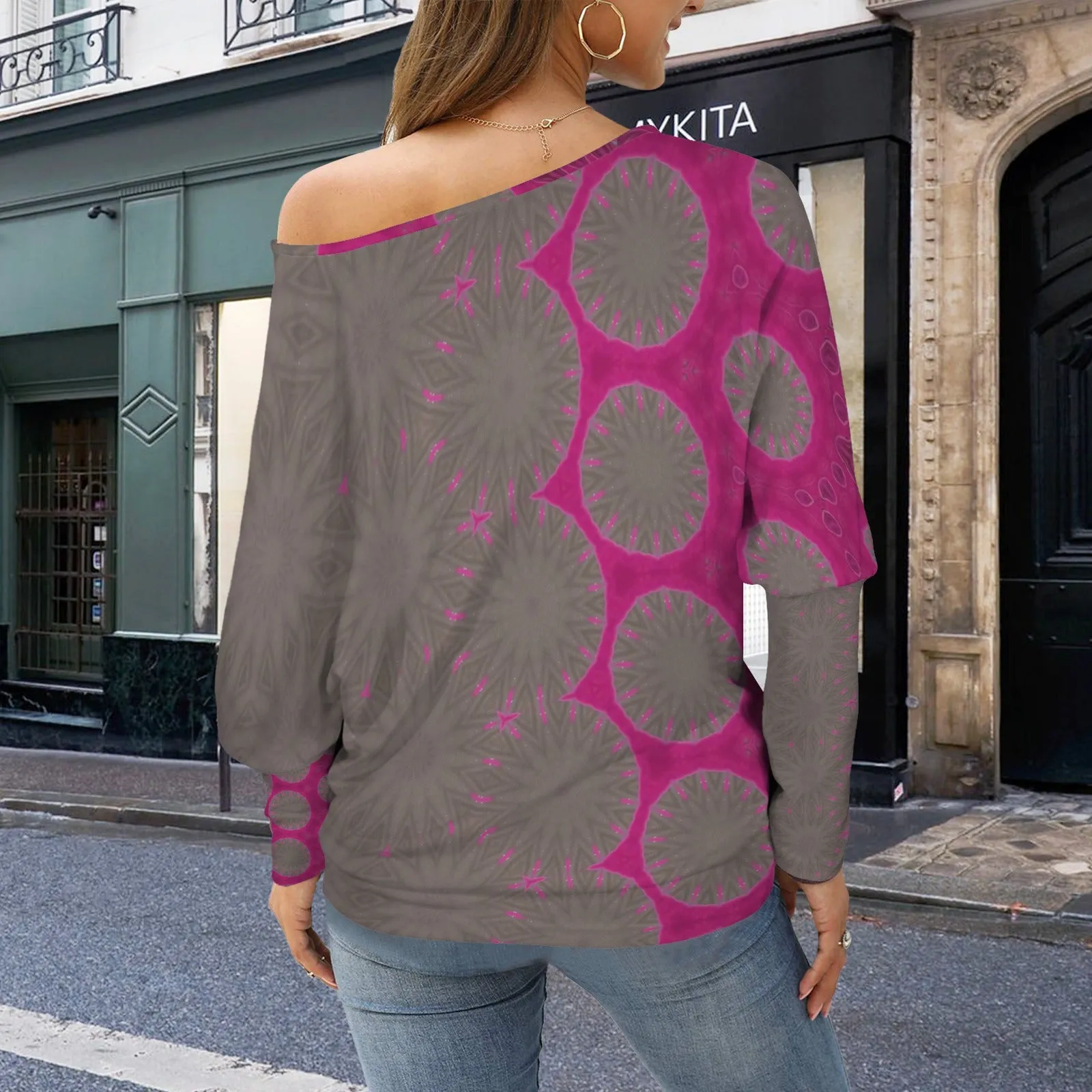 Batwing Long Sleeve Sweater Gray Pink