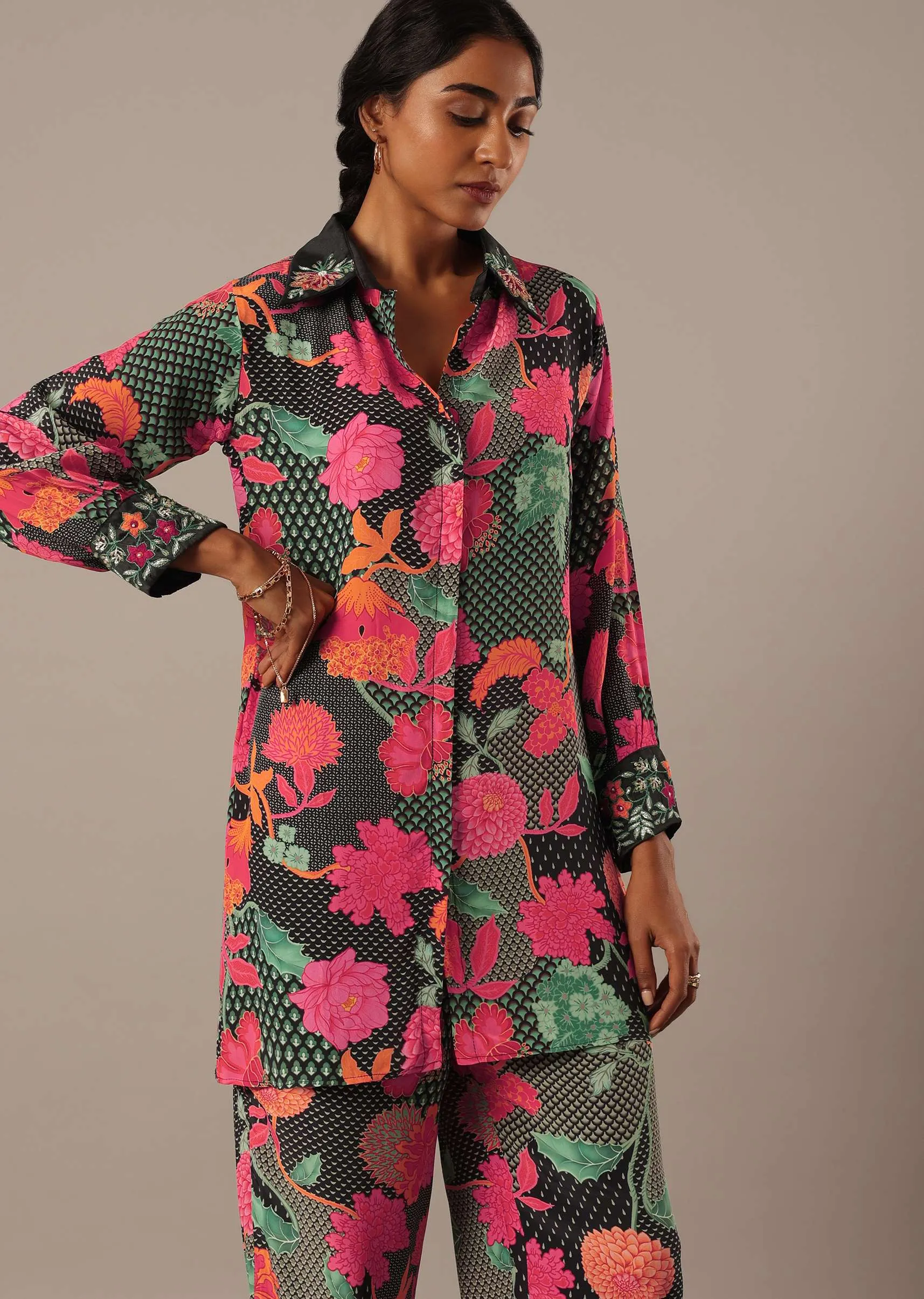 Black Floral Print Short Kurt Set With Sequin Work