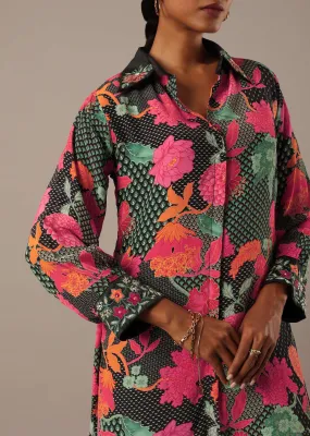 Black Floral Print Short Kurt Set With Sequin Work