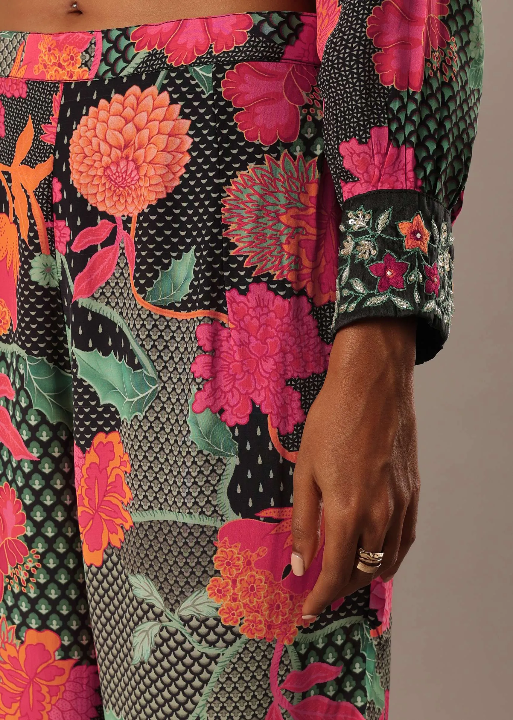 Black Floral Print Short Kurt Set With Sequin Work