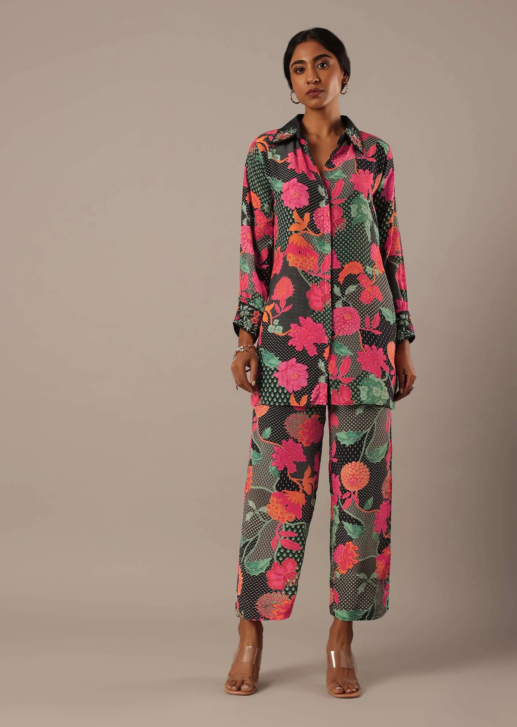 Black Floral Print Short Kurt Set With Sequin Work