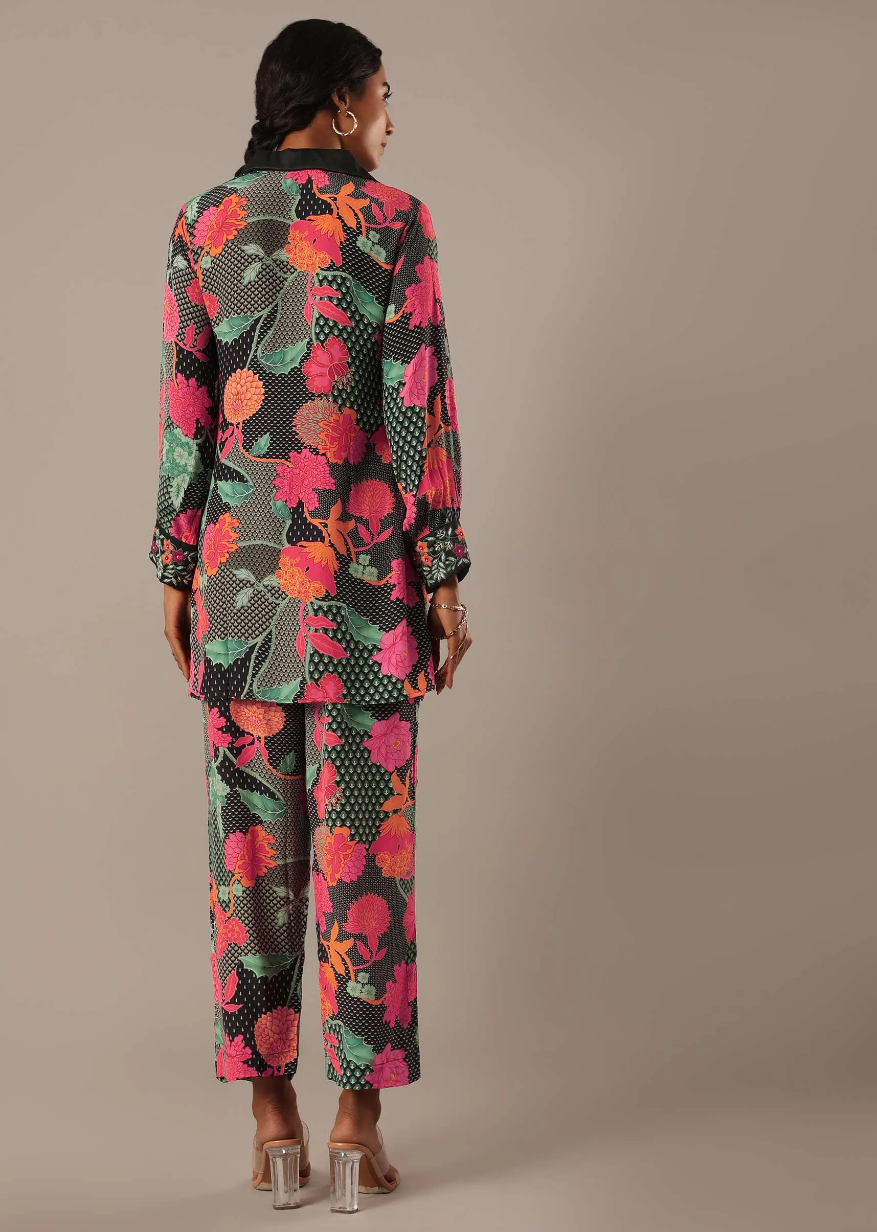 Black Floral Print Short Kurt Set With Sequin Work