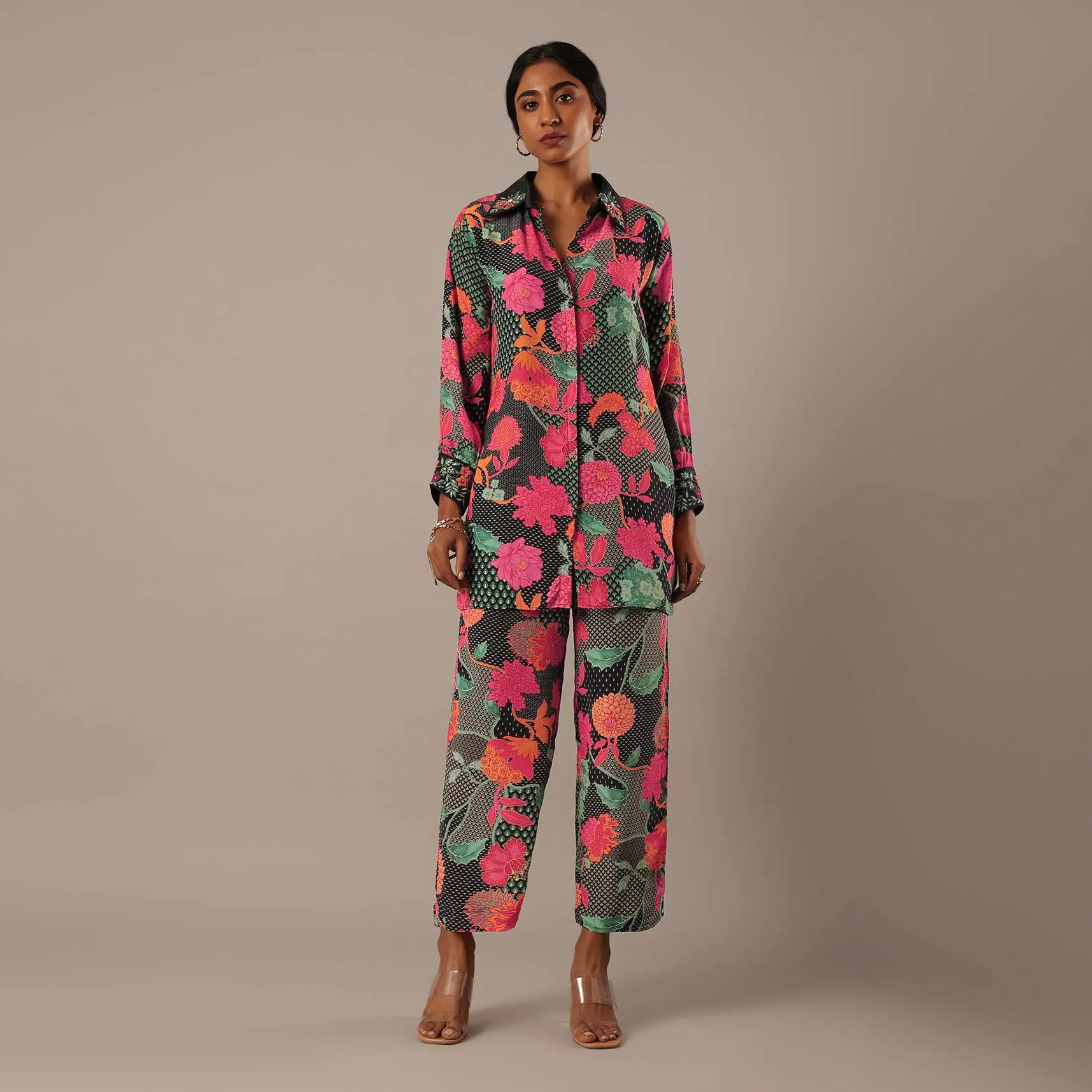 Black Floral Print Short Kurt Set With Sequin Work