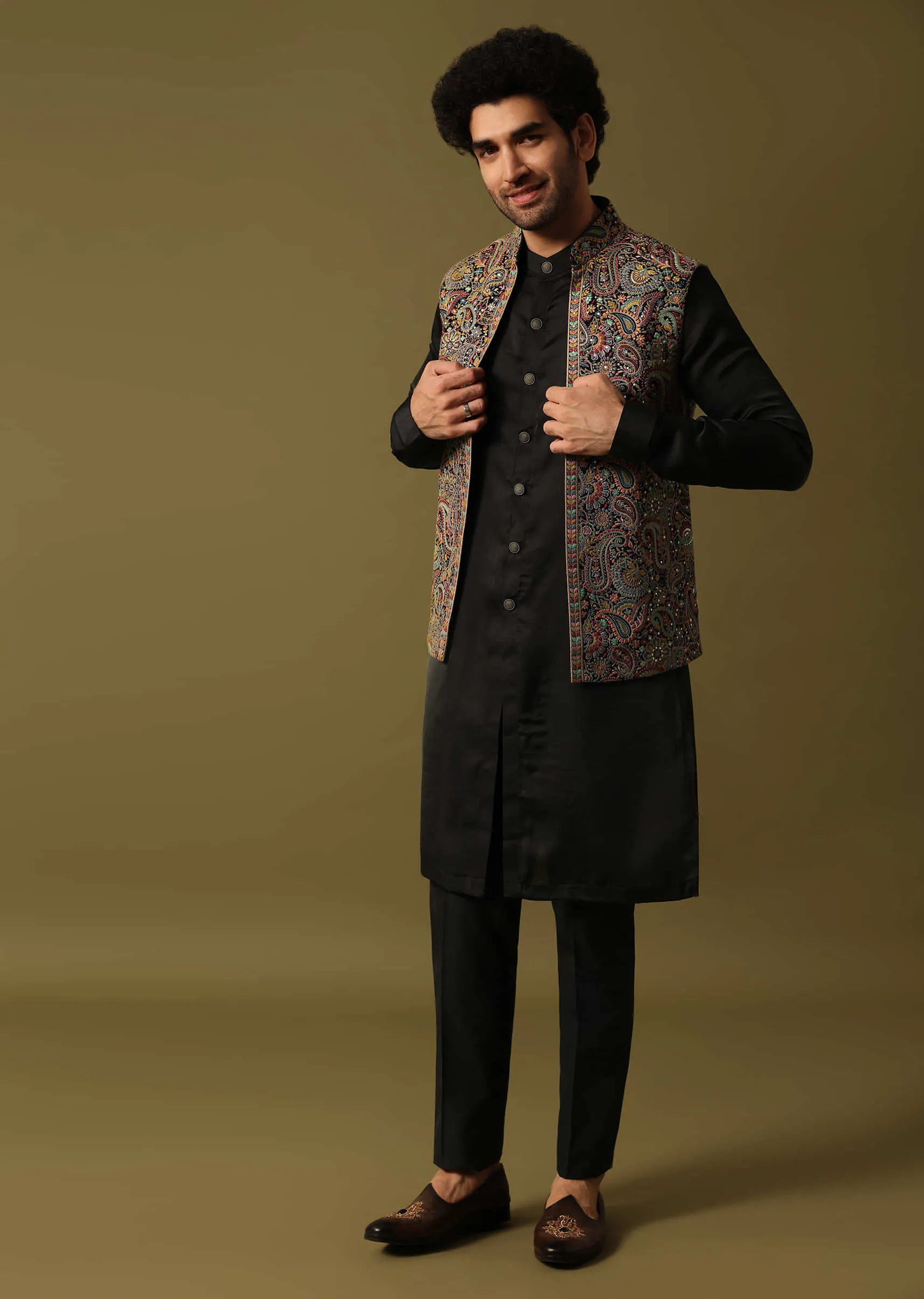Black Georgette Kurta Jacket Set With Resham Work For Men