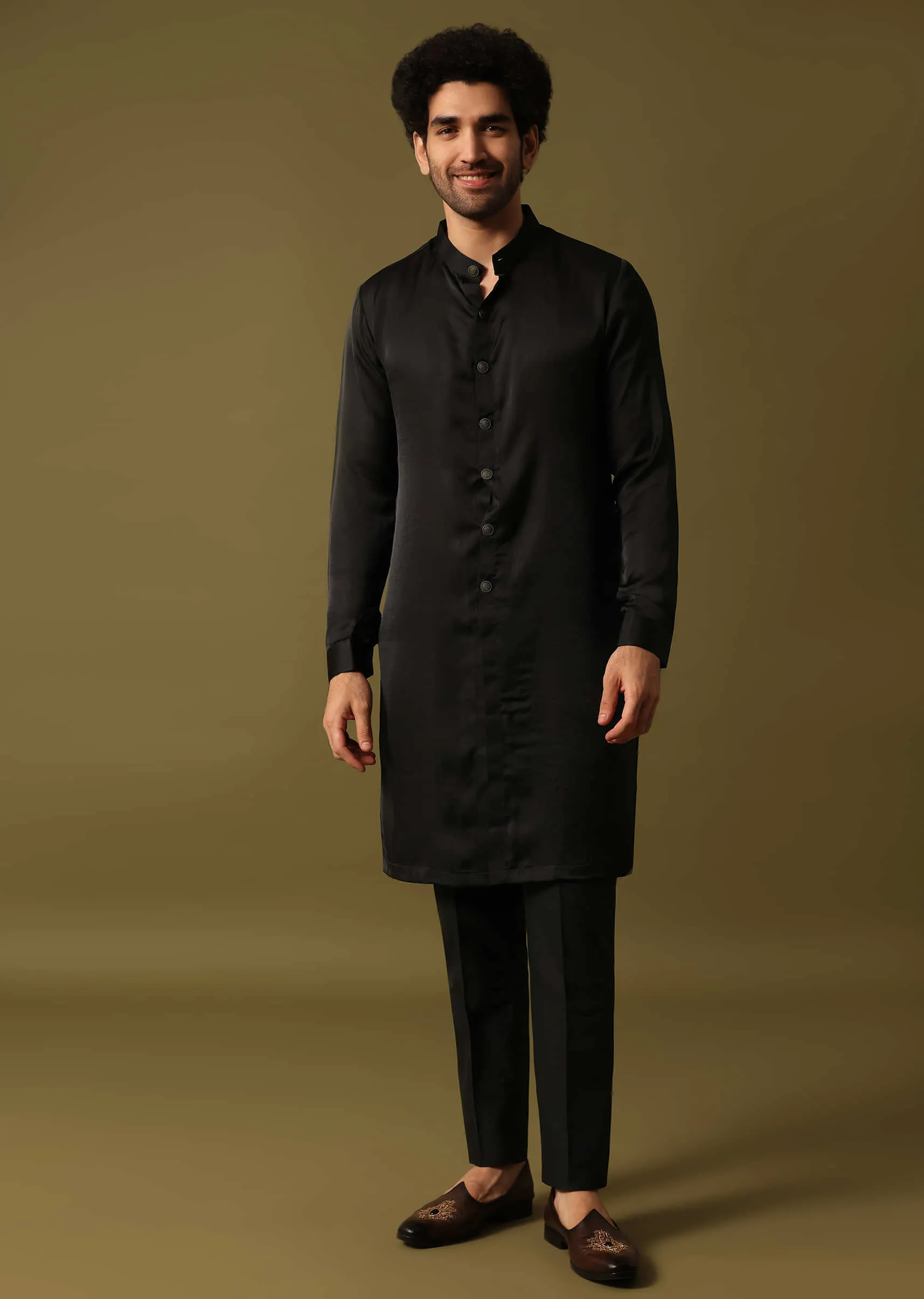 Black Georgette Kurta Jacket Set With Resham Work For Men