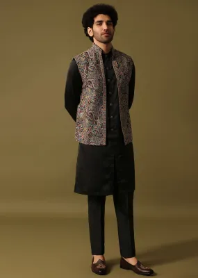 Black Georgette Kurta Jacket Set With Resham Work For Men