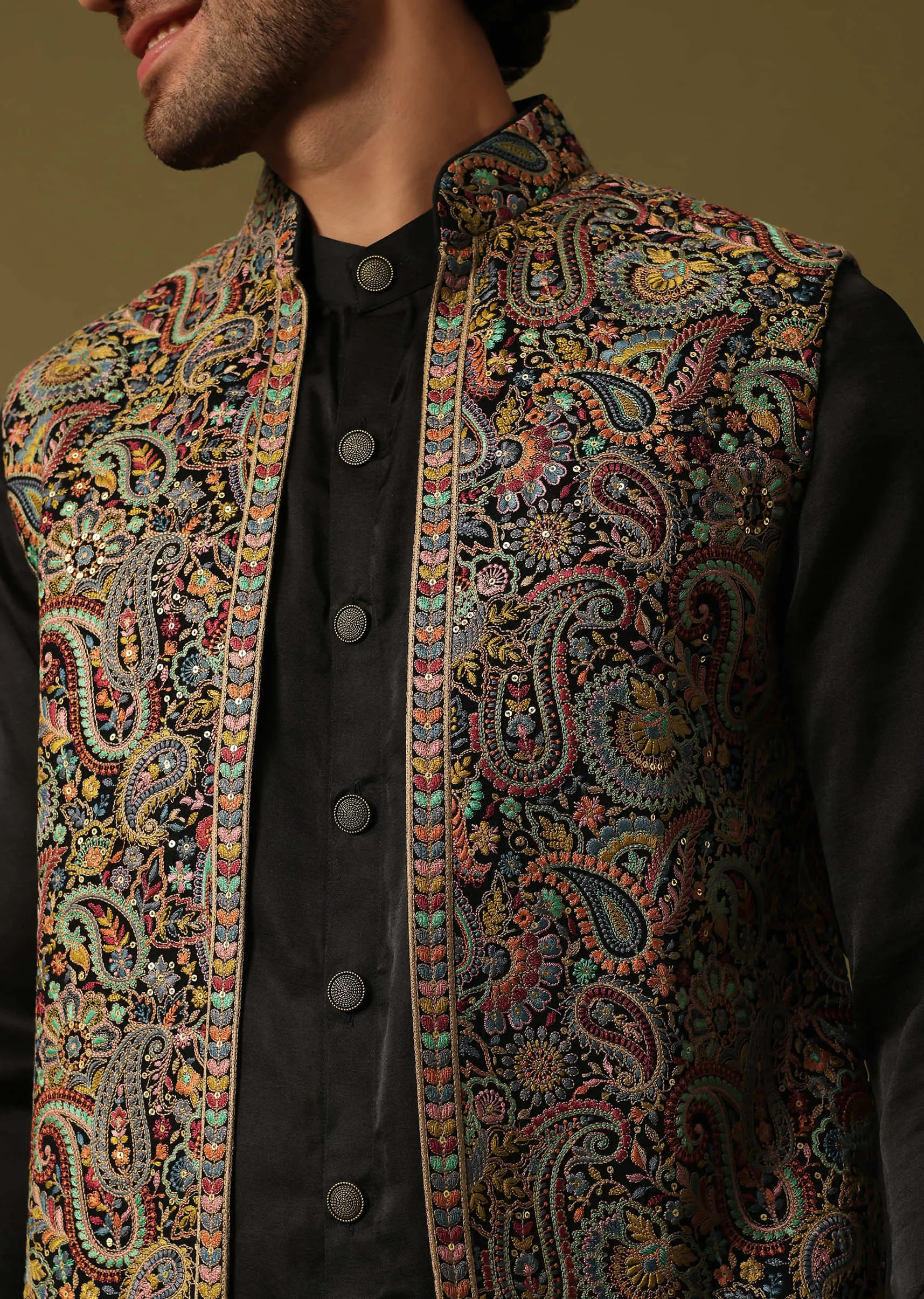 Black Georgette Kurta Jacket Set With Resham Work For Men