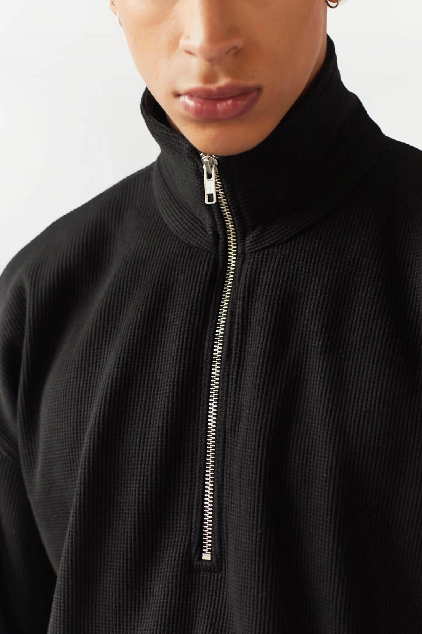 Black Half Zip Waffle Sweatshirt