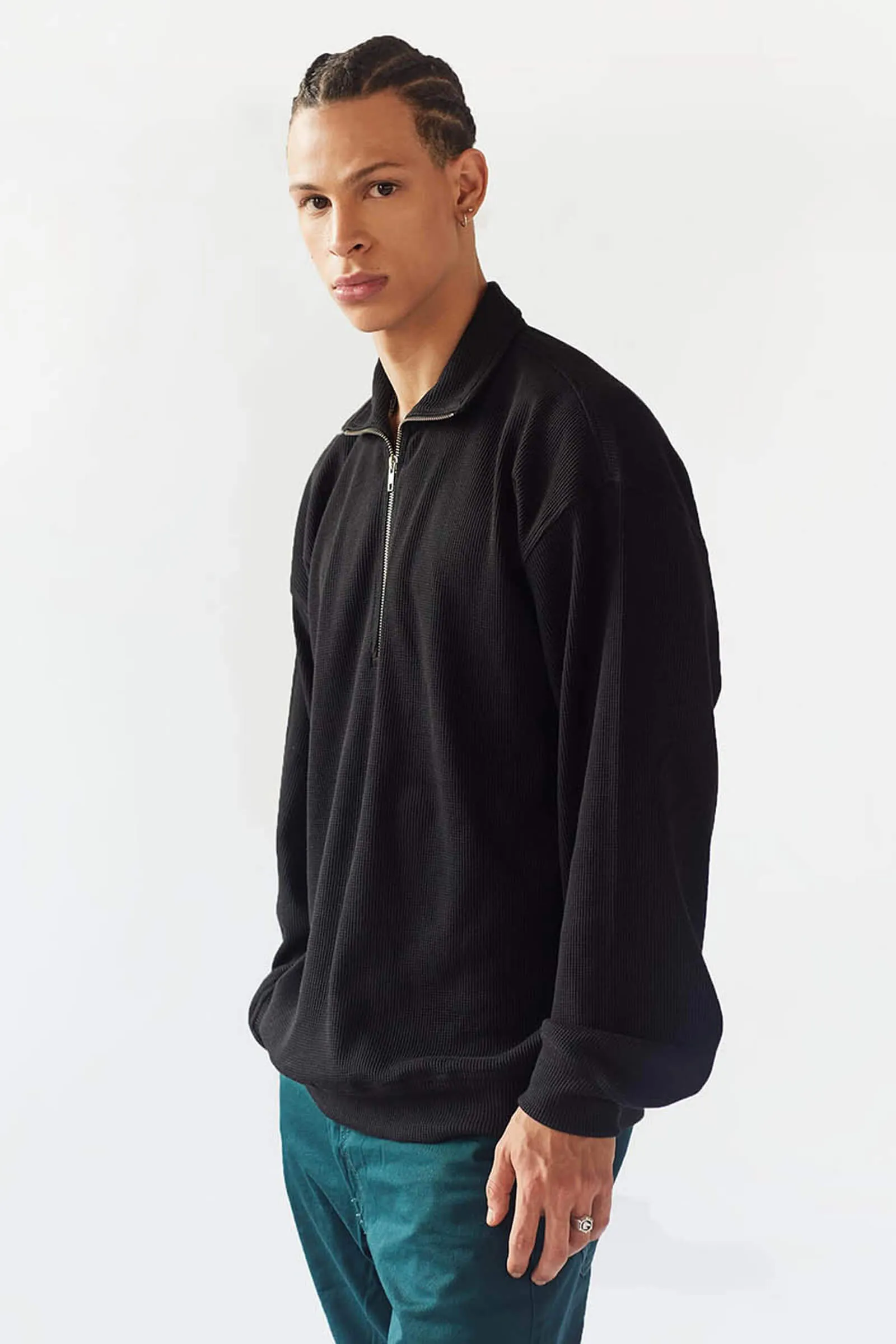 Black Half Zip Waffle Sweatshirt