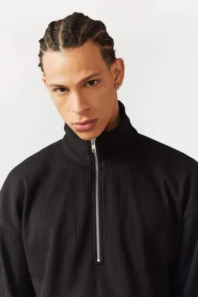 Black Half Zip Waffle Sweatshirt