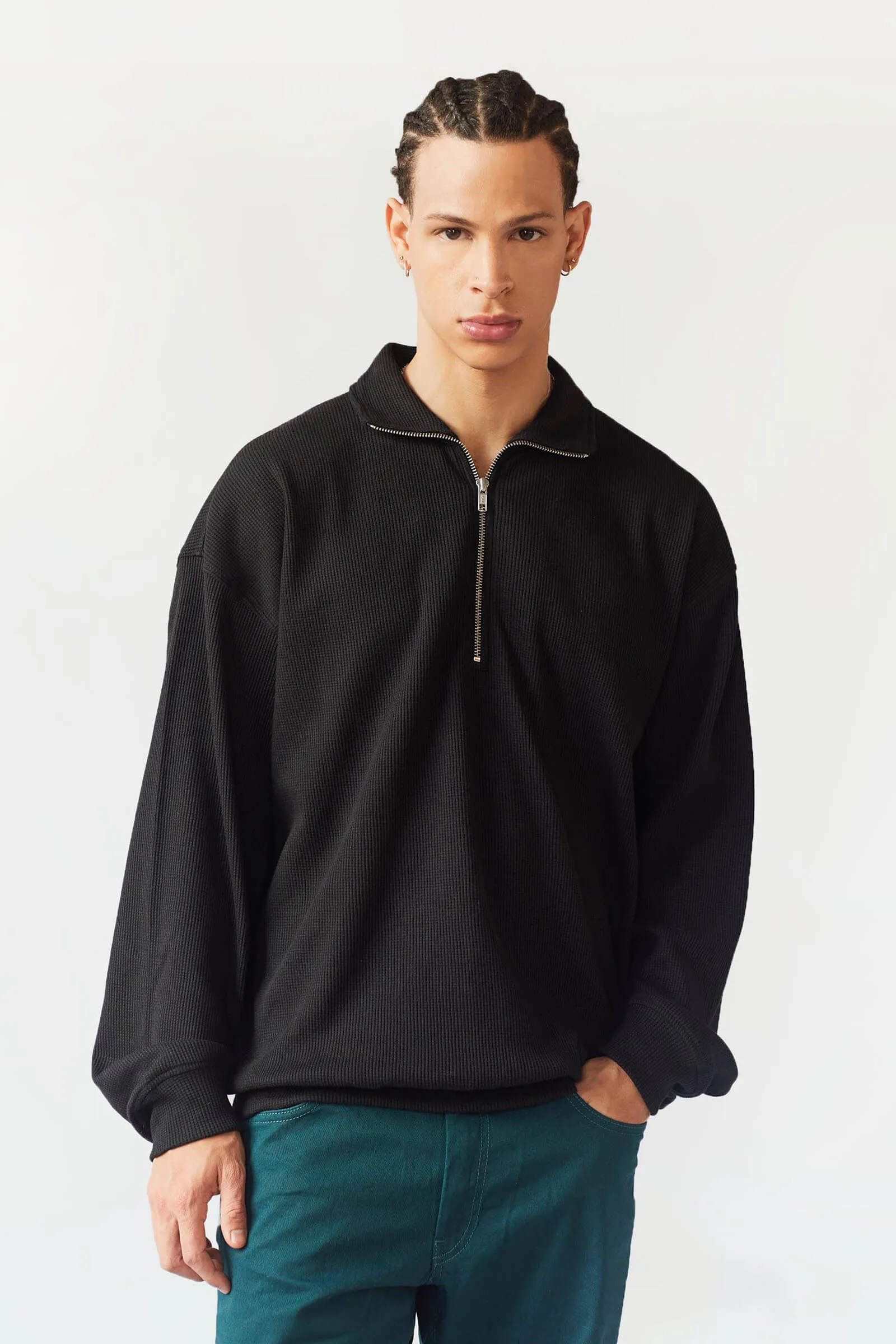 Black Half Zip Waffle Sweatshirt