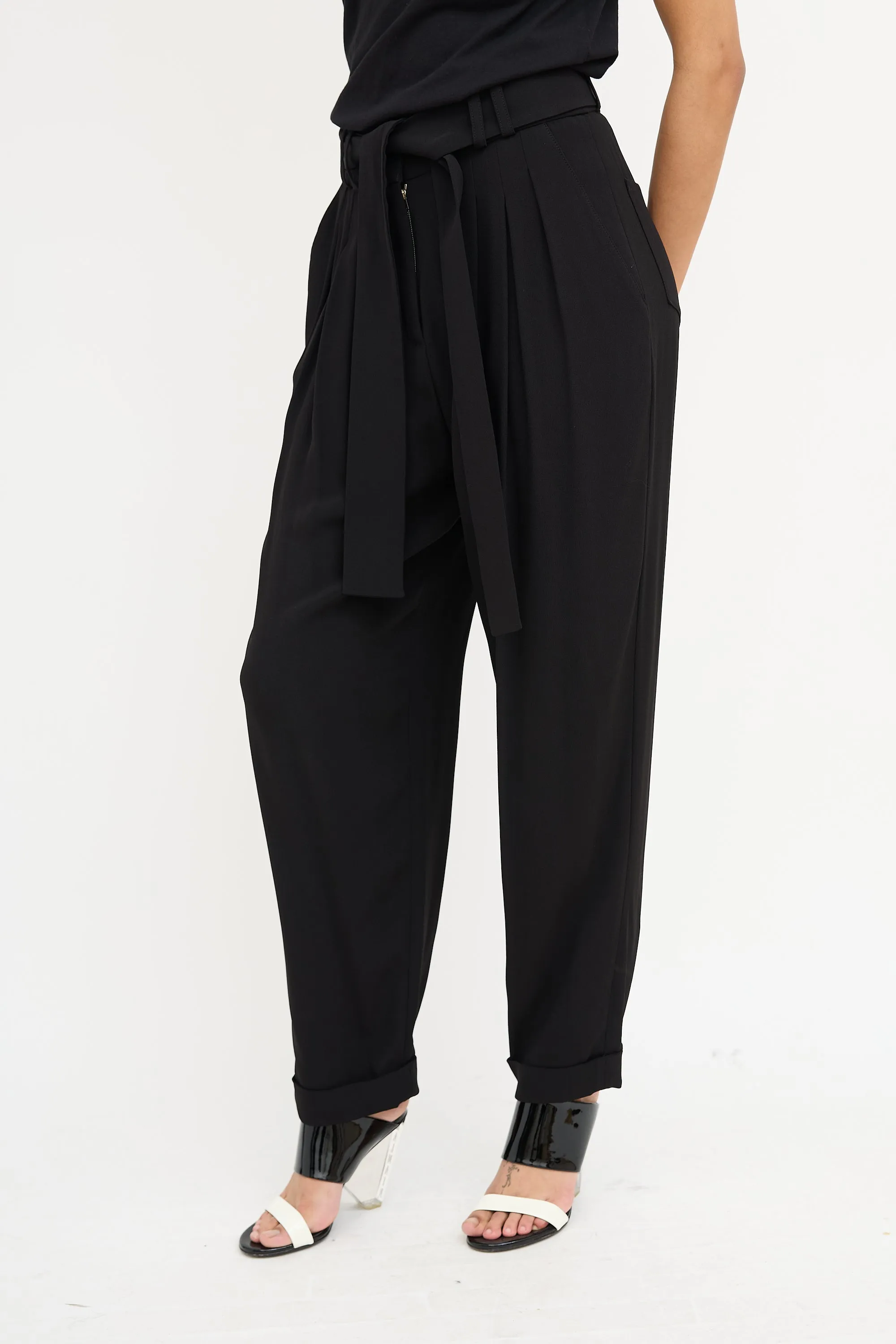 Black Pleated Waist Tie Trouser
