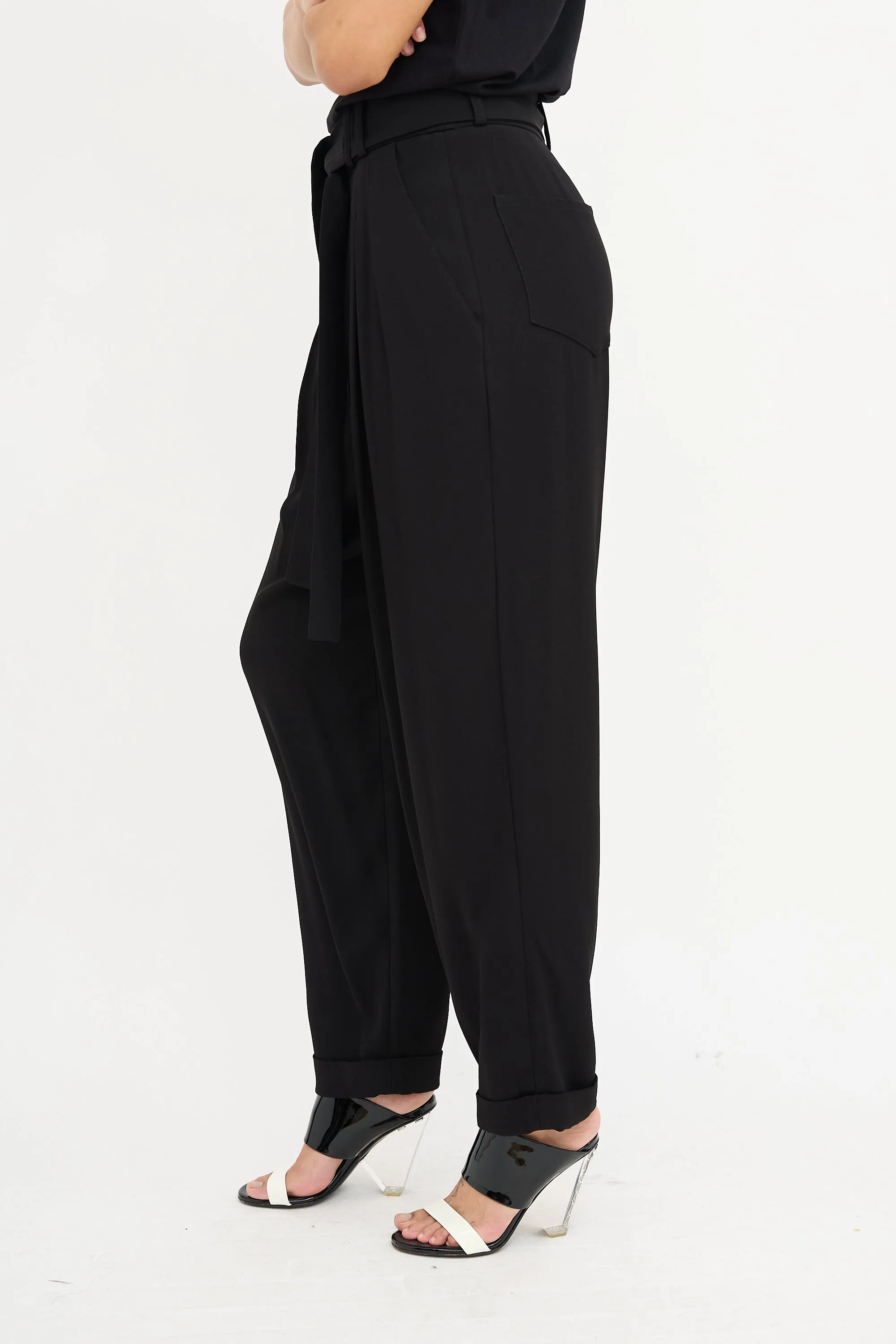 Black Pleated Waist Tie Trouser