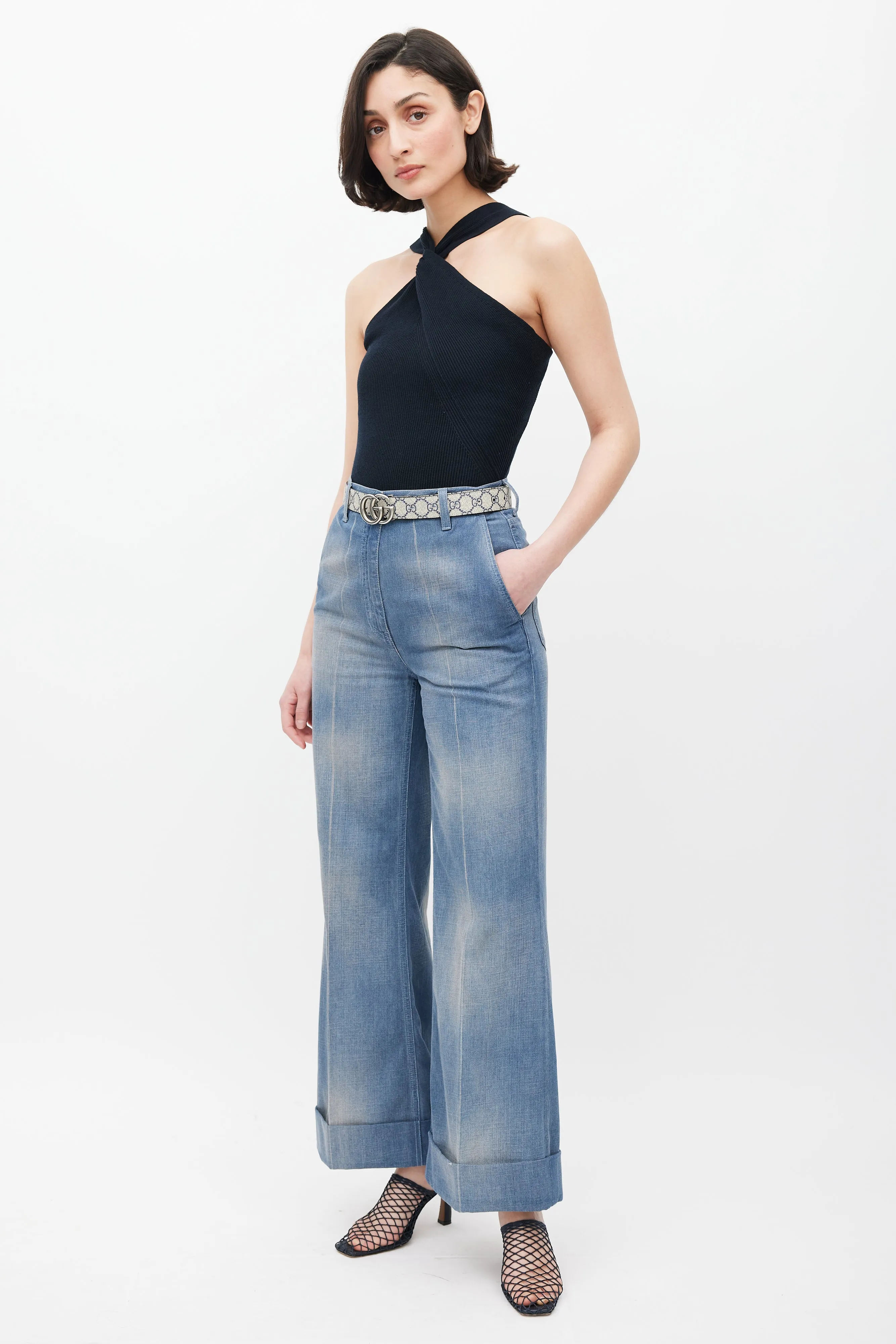 Blue Cuffed Wide Leg Jeans