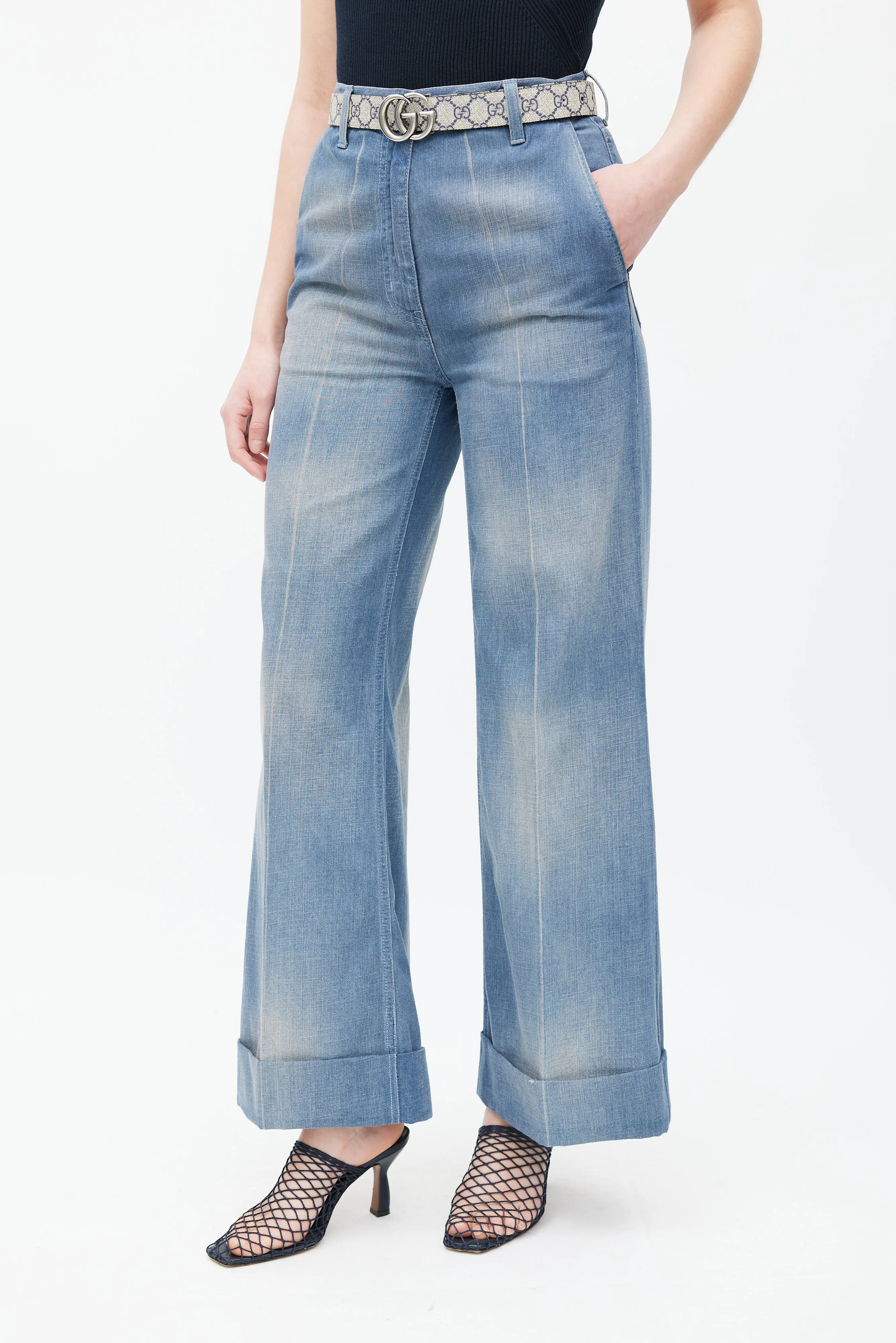 Blue Cuffed Wide Leg Jeans