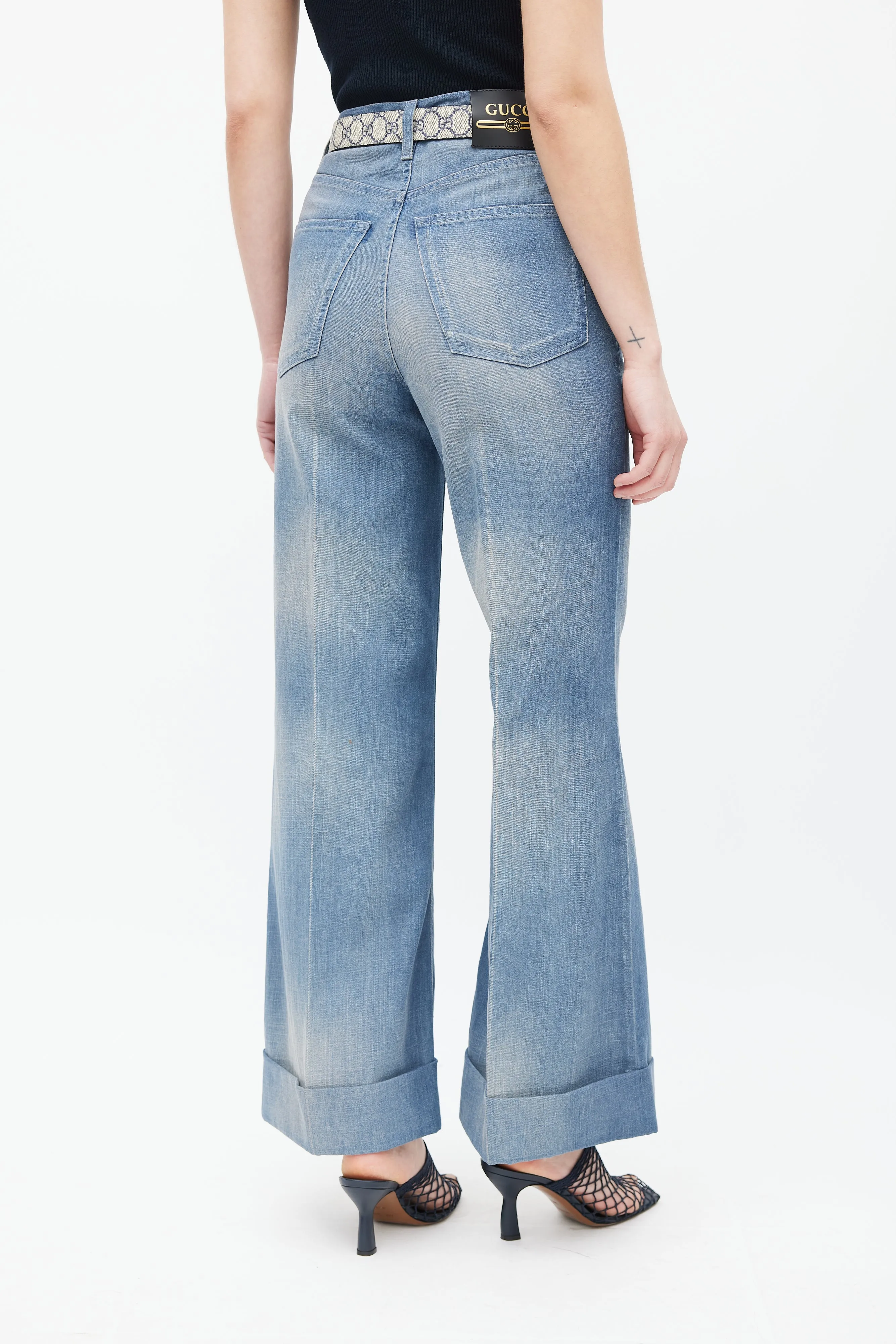 Blue Cuffed Wide Leg Jeans