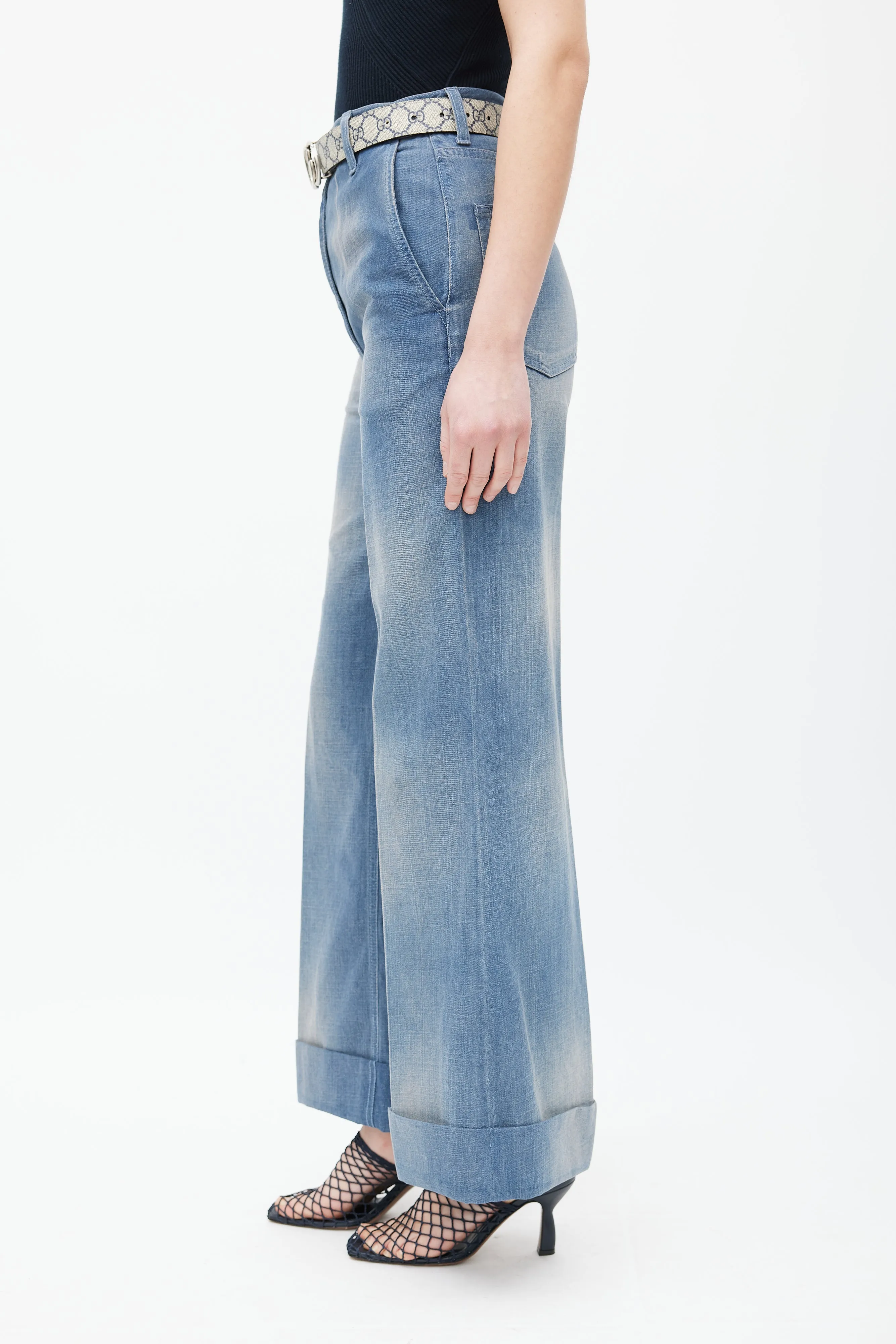 Blue Cuffed Wide Leg Jeans