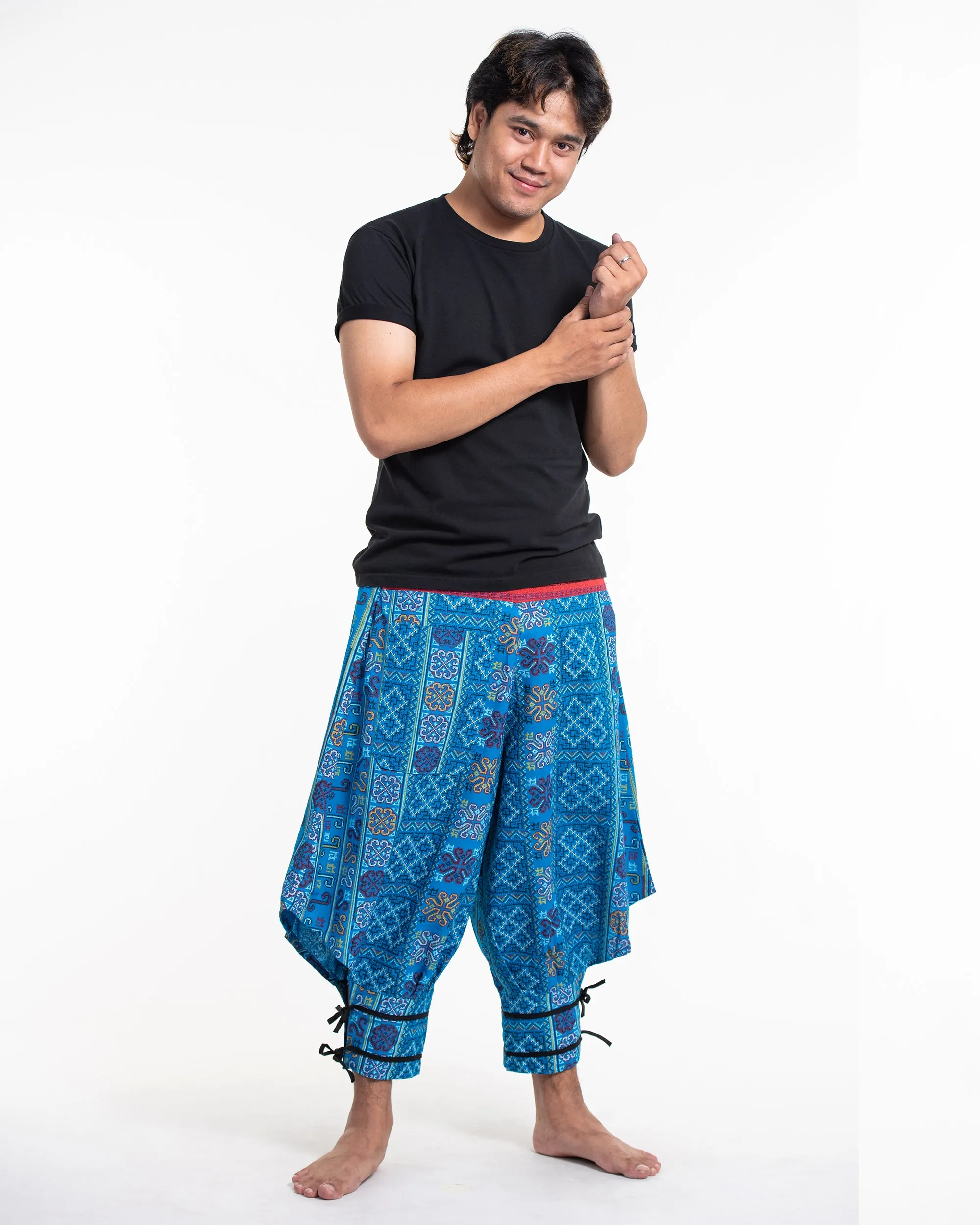 Clovers Thai Hill Tribe Fabric Men's Harem Pants with Ankle Straps in Light Blue