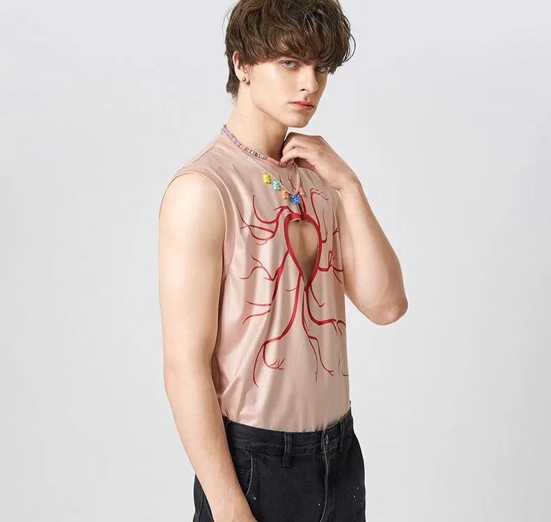 Foesce -Men Tank Tops Printing Hollow Out V Neck Sleeveless Casual Vests Men Summer Personality Sexy Fashion Tops S-5XL
