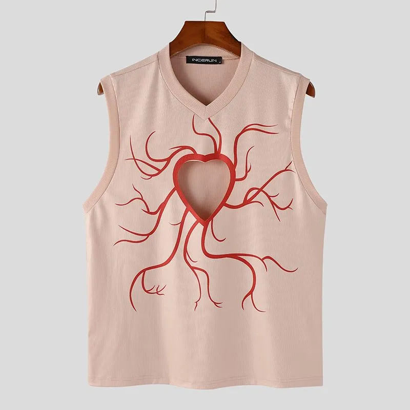 Foesce -Men Tank Tops Printing Hollow Out V Neck Sleeveless Casual Vests Men Summer Personality Sexy Fashion Tops S-5XL