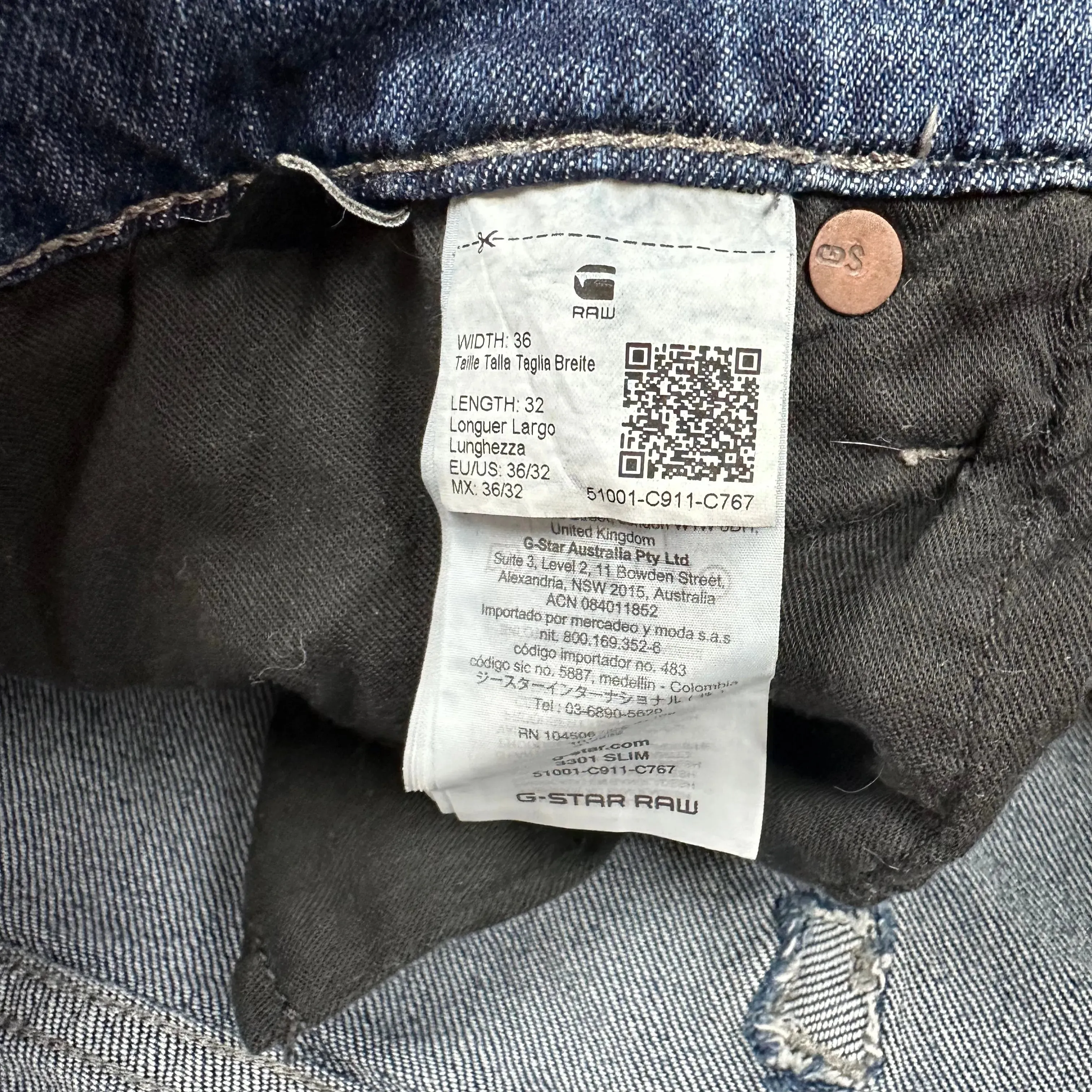 G Star  Raw Mens '3301 Slim' Jeans -Size 36/32