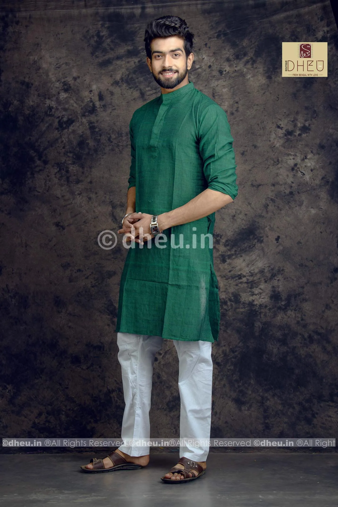 Green Pure Cotton kurta for Men -Solid Colour