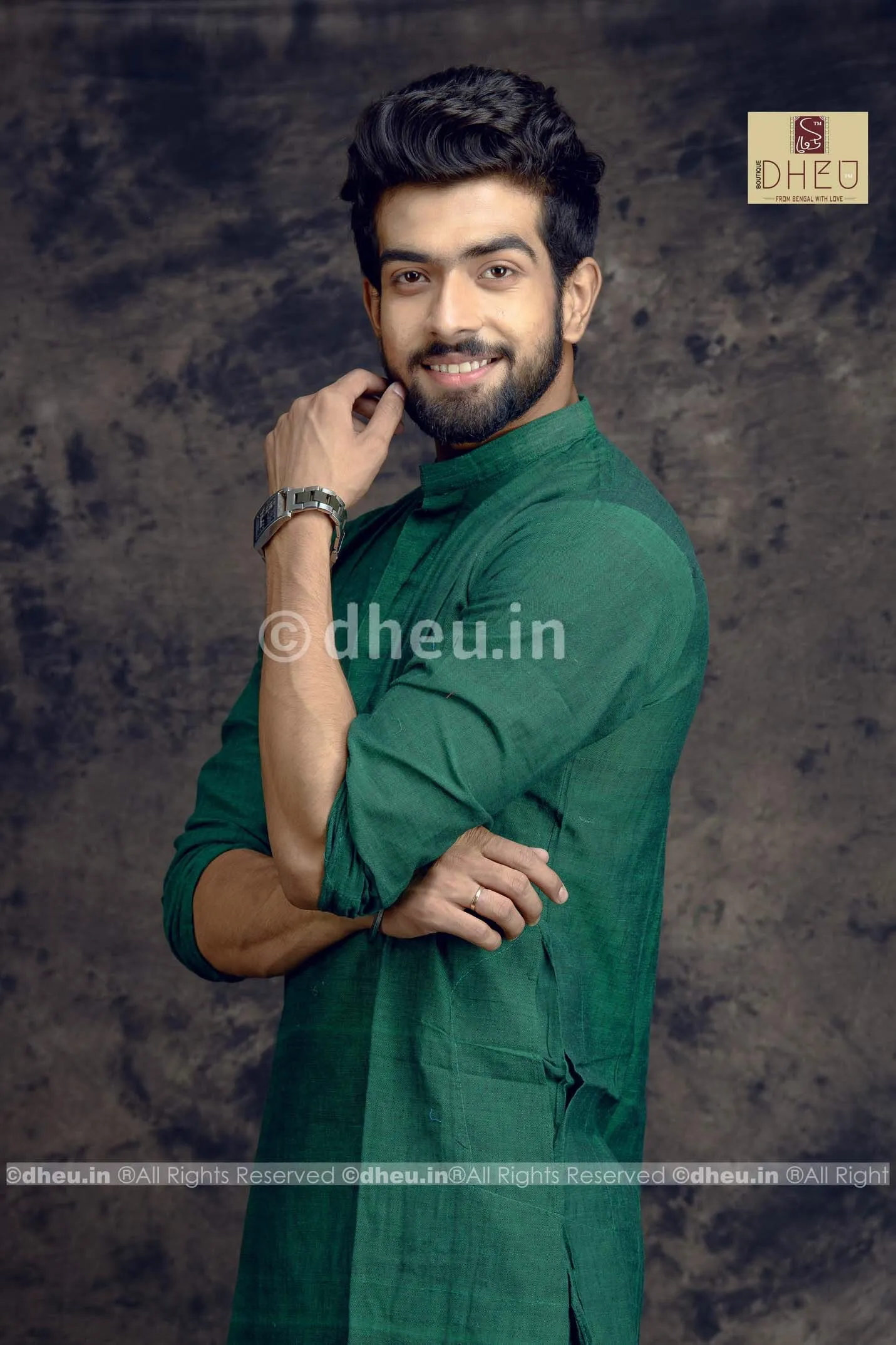 Green Pure Cotton kurta for Men -Solid Colour
