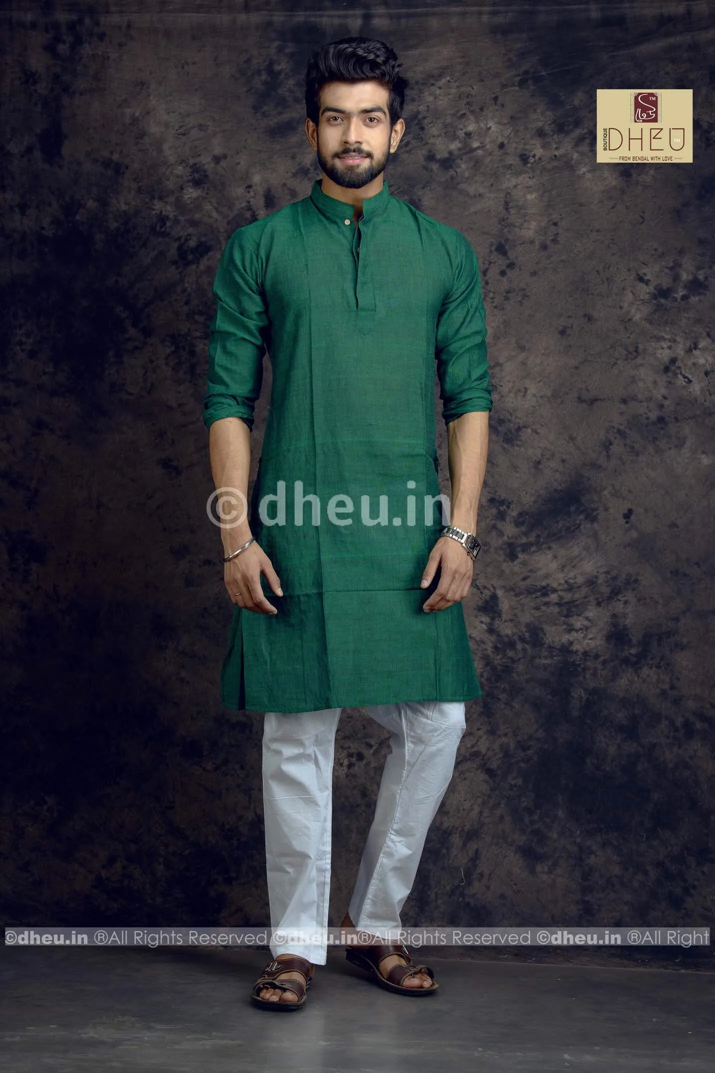 Green Pure Cotton kurta for Men -Solid Colour