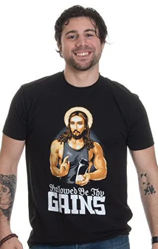 HALLOWED BE THY GAINS | FUNNY MUSCLE JESUS WEIGHT LIFTING WORK OUT HUMOR T-SHIRT-(ADULT,L)