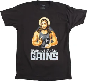 HALLOWED BE THY GAINS | FUNNY MUSCLE JESUS WEIGHT LIFTING WORK OUT HUMOR T-SHIRT-(ADULT,L)