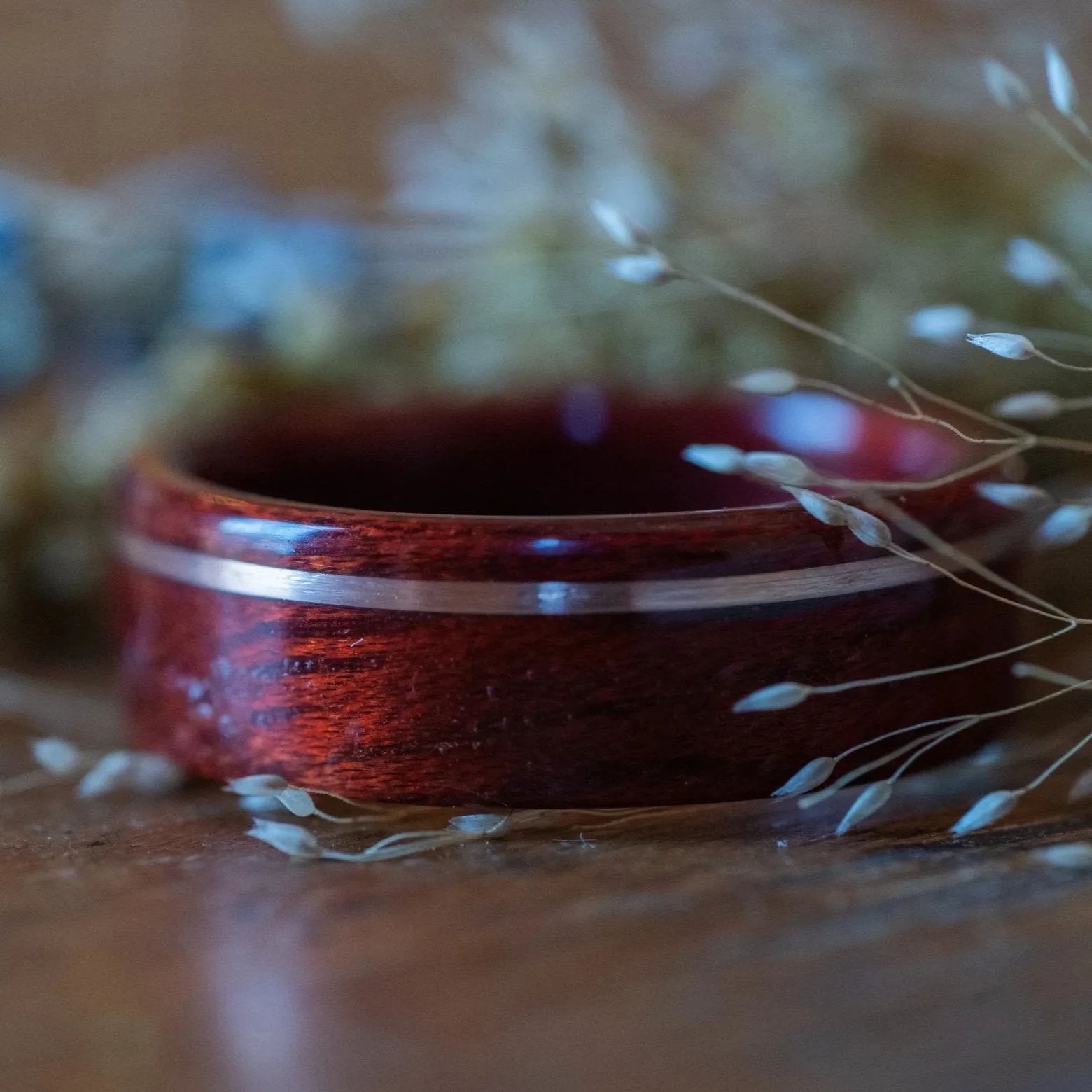 (In-Stock) Bloodwood Ring with Offset Sterling Silver - Size 9.75 | 8mm Wide