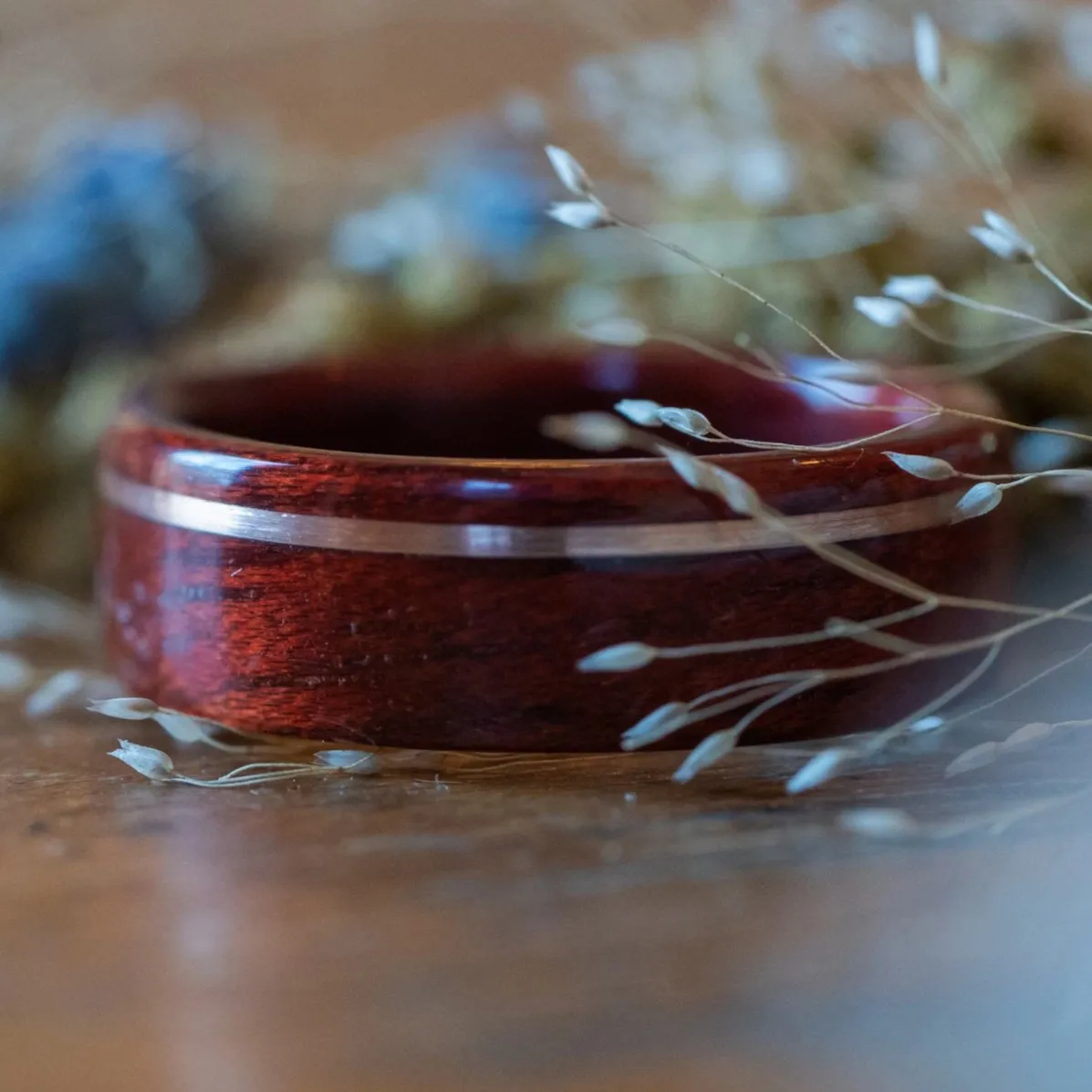 (In-Stock) Bloodwood Ring with Offset Sterling Silver - Size 9.75 | 8mm Wide