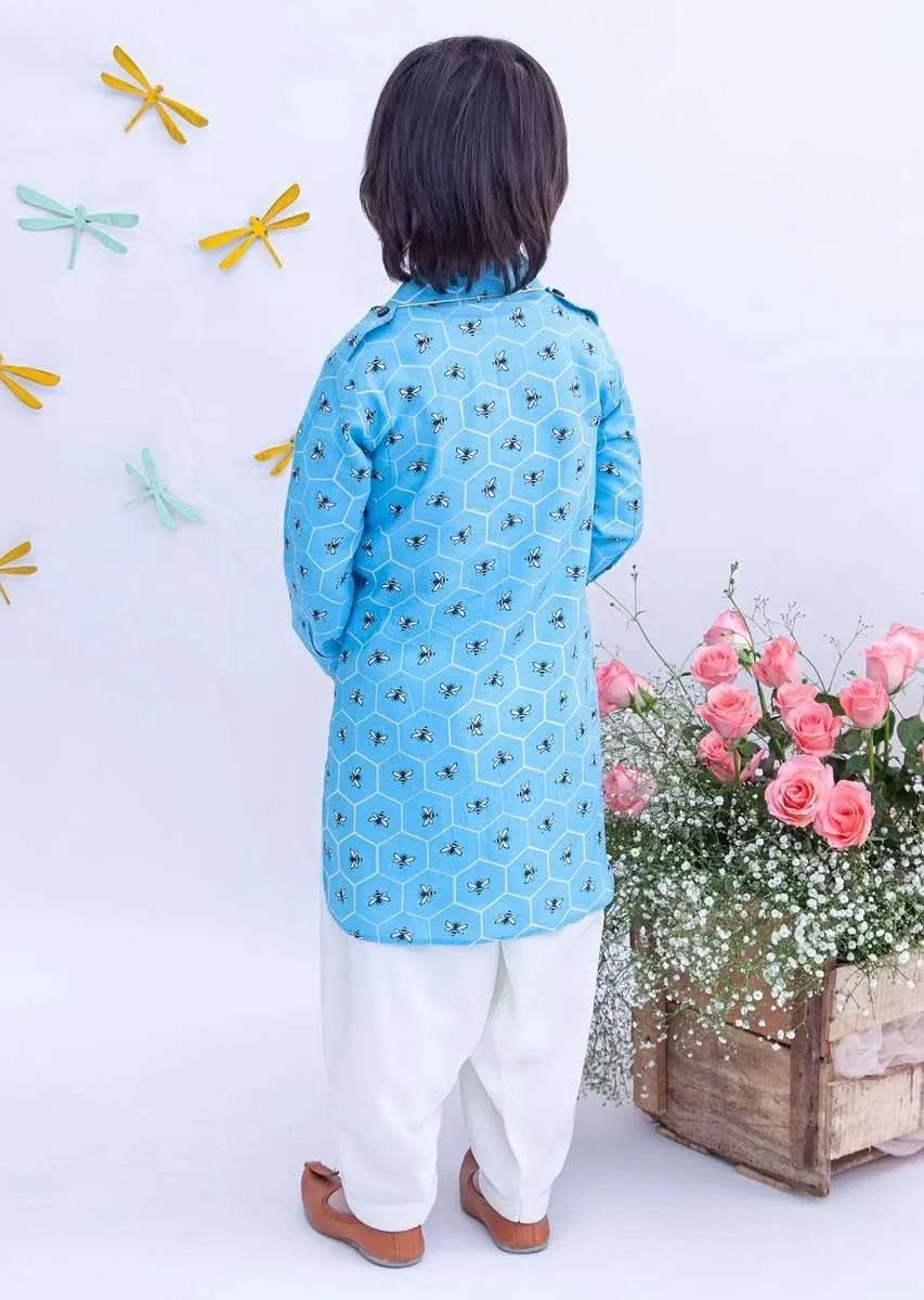 Kalki Boys Blue Kurta And Salwar Set Featuring Printed Buttis In Bee And Beehive Motifs By Fayon Kids
