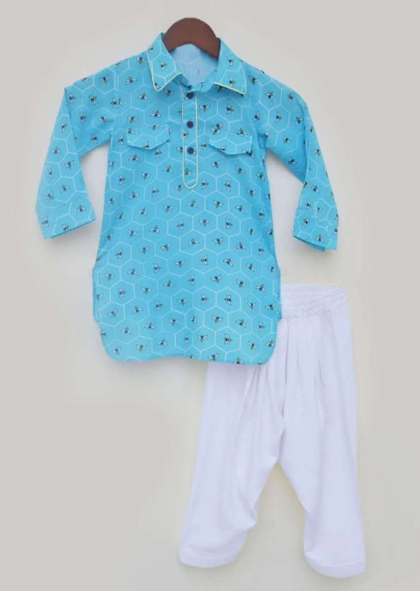 Kalki Boys Blue Kurta And Salwar Set Featuring Printed Buttis In Bee And Beehive Motifs By Fayon Kids