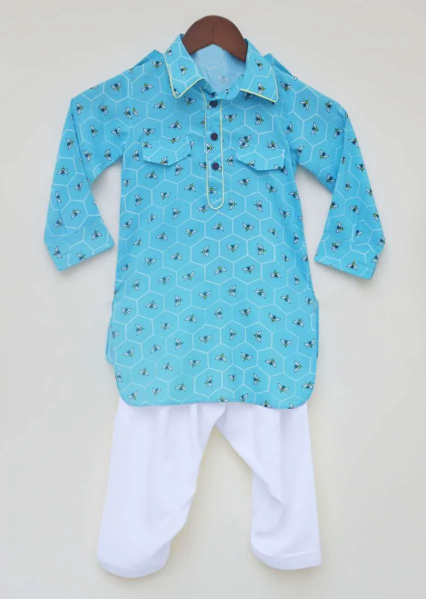 Kalki Boys Blue Kurta And Salwar Set Featuring Printed Buttis In Bee And Beehive Motifs By Fayon Kids