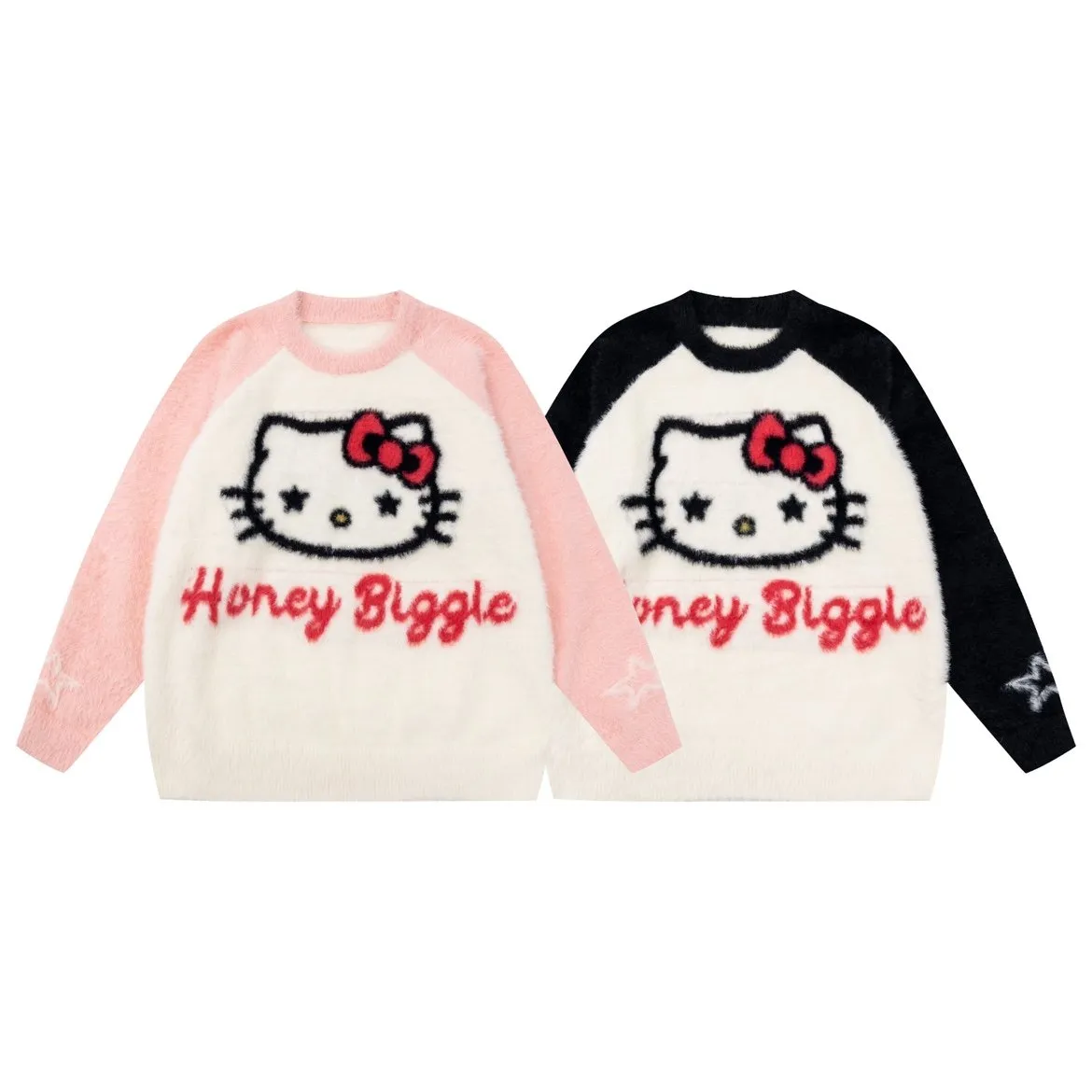 Kawaii Pink Hello Kitty Embroidered Round Neck Sweater