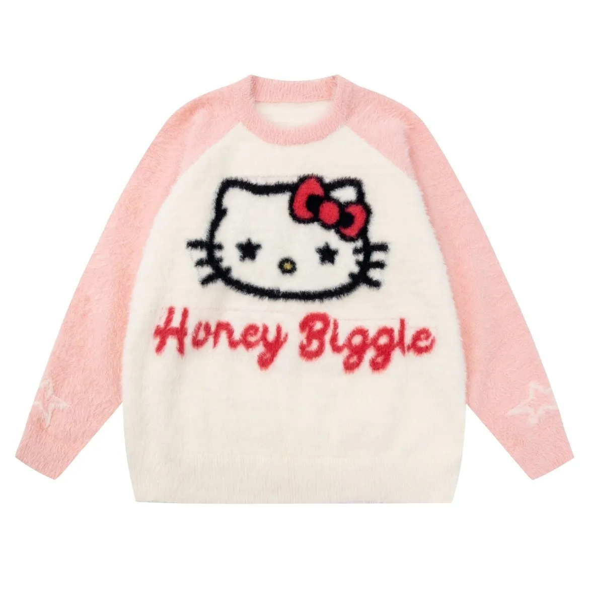 Kawaii Pink Hello Kitty Embroidered Round Neck Sweater