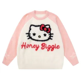 Kawaii Pink Hello Kitty Embroidered Round Neck Sweater