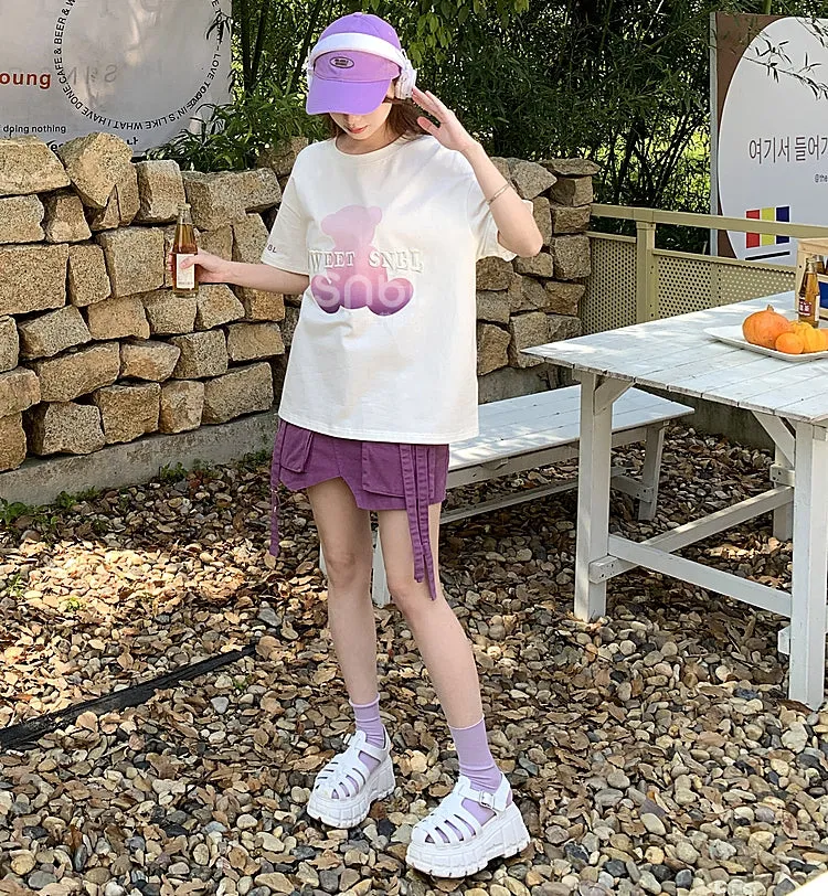 Kawaii Purple Gradient Bear Print Round Neck T-shirt