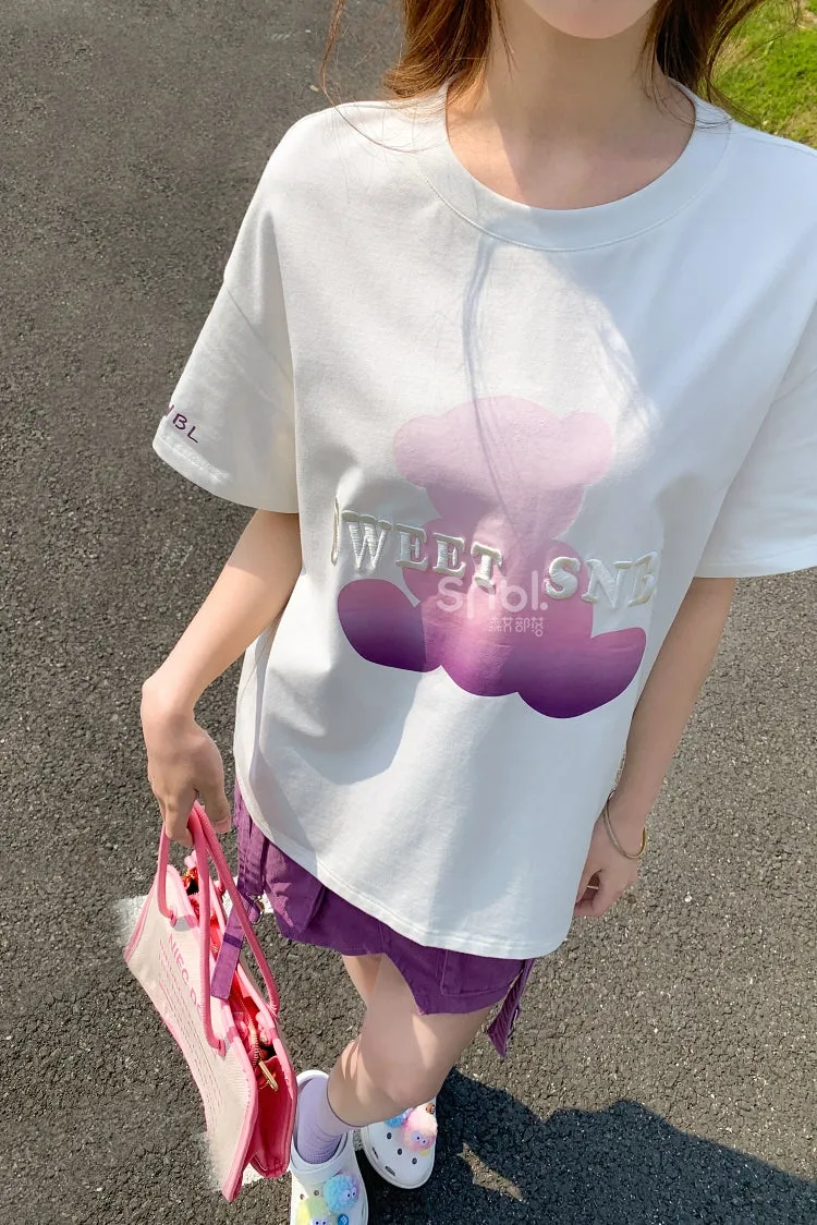 Kawaii Purple Gradient Bear Print Round Neck T-shirt