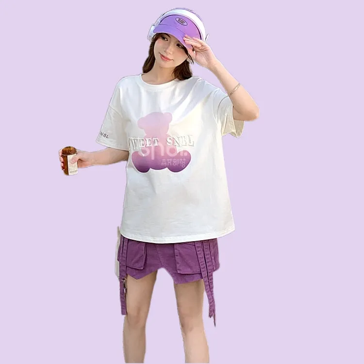Kawaii Purple Gradient Bear Print Round Neck T-shirt