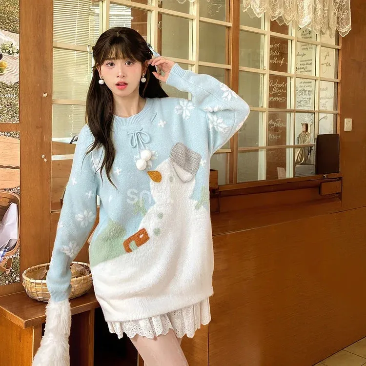 Kawaii Sweet Girl Style Cartoon Snowman Embroidered Sweater