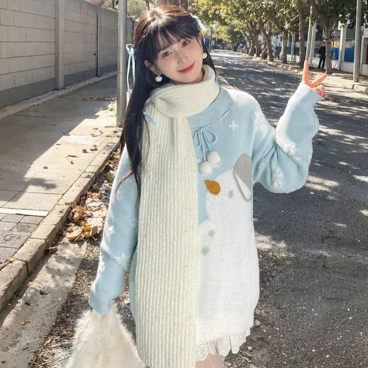 Kawaii Sweet Girl Style Cartoon Snowman Embroidered Sweater