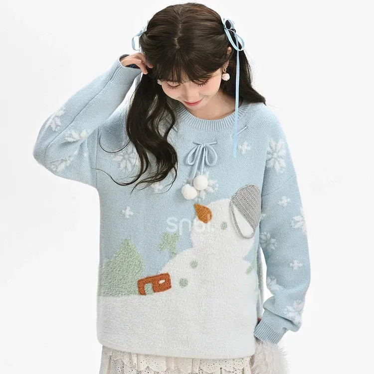 Kawaii Sweet Girl Style Cartoon Snowman Embroidered Sweater