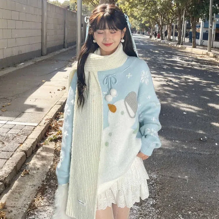 Kawaii Sweet Girl Style Cartoon Snowman Embroidered Sweater